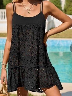 Saodimallsu Black Eyelet Mini Dress Double Spaghetti StrapSummer Cami Sundress